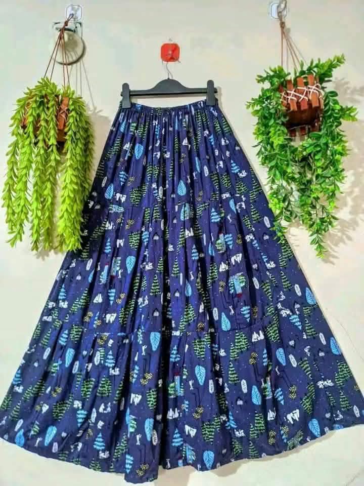 Dark Blue with Green, Light Blue & White Print PREMIUM LONG SKIRT